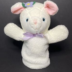 Lamb Hand Puppet White Sherpa Sheep Purple Flower Bow Vintage Kids II 1996